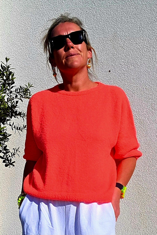 Neon Coral short sleeve Sweater in Superfine Alpaca Mix