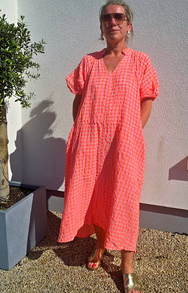Corla Gingham Seersucker Puff Sleeve Dress in Pure Cotton
