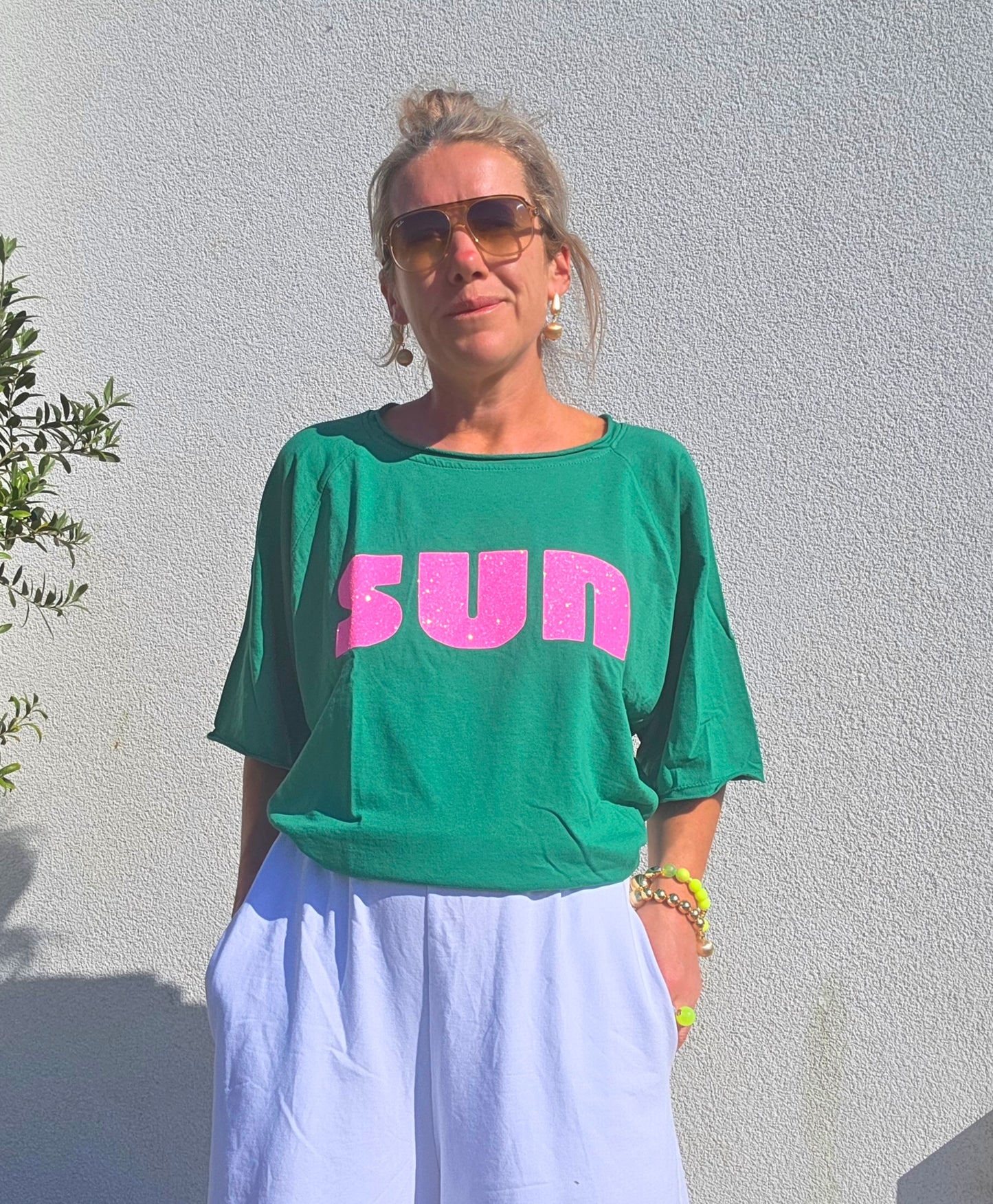 Retro Vibes SUN| Light Sweat/Tee in Green and Glitter Pink