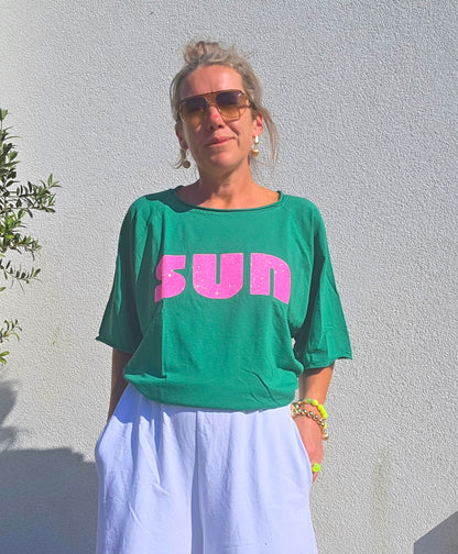 Retro Vibes SUN| Light Sweat/Tee in Green and Glitter Pink
