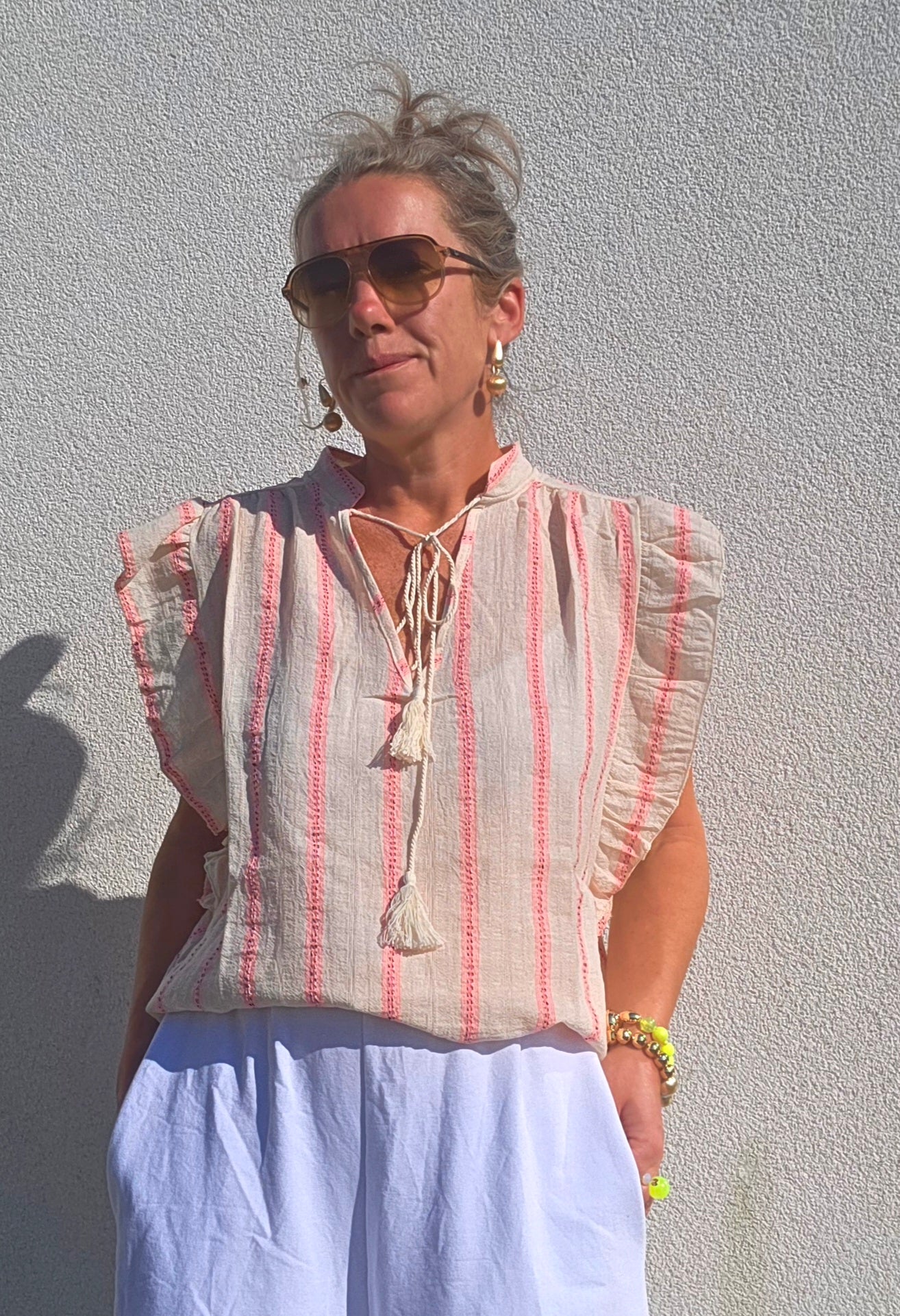 Romantic Ruffled Blouse with Tassels in Off White & Neon Pink Stripe