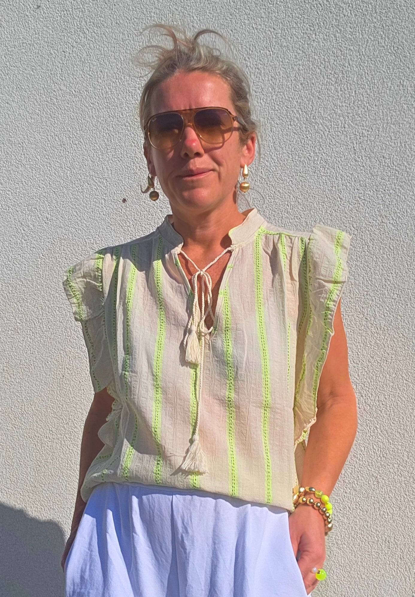 Romantic Ruffled Blouse with Tassels in Off White & Neon Yellow Stripe