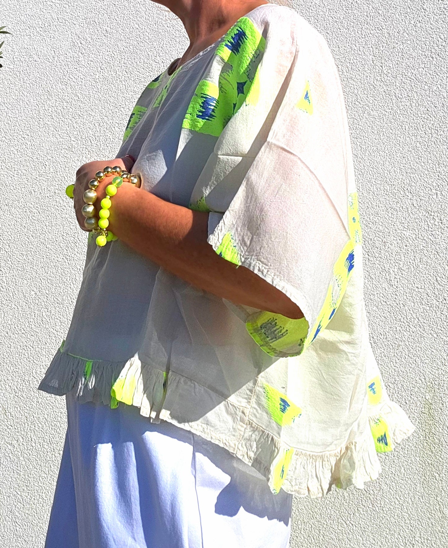 Neon Ikat- Inspired Pure Cotton Ruffle Blouse