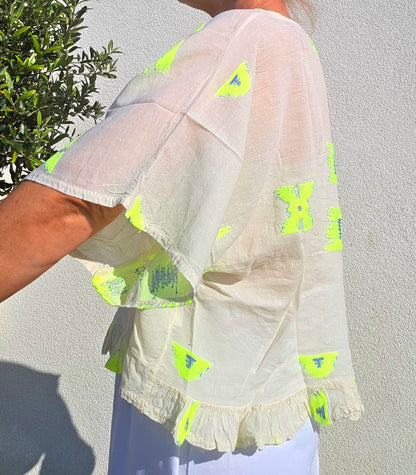 Neon Ikat- Inspired Pure Cotton Ruffle Blouse