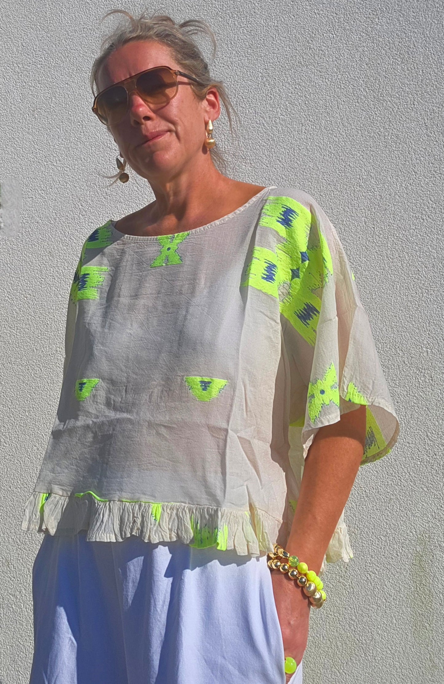Neon Ikat- Inspired Pure Cotton Ruffle Blouse