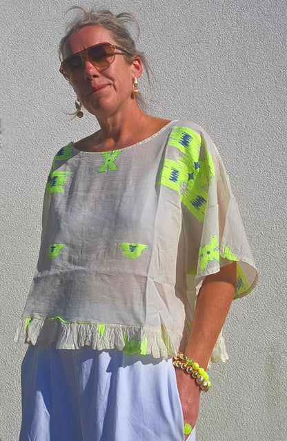 Neon Ikat- Inspired Pure Cotton Ruffle Blouse
