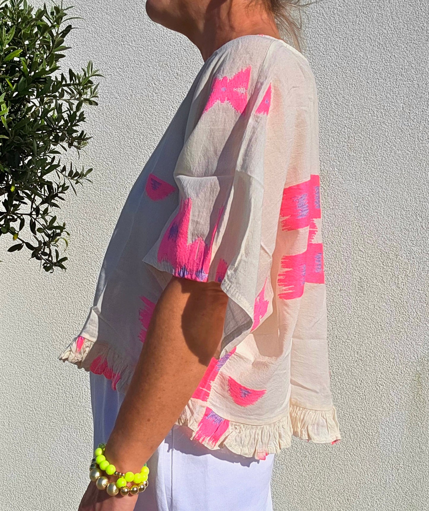 Neon Ikat- Inspired Pure Cotton Ruffle Blouse in Neon Pink and Lilac
