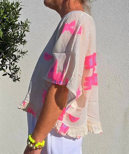 Neon Ikat- Inspired Pure Cotton Ruffle Blouse in Neon Pink and Lilac