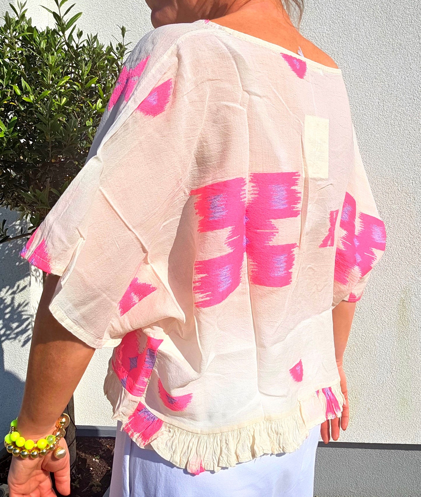 Neon Ikat- Inspired Pure Cotton Ruffle Blouse in Neon Pink and Lilac