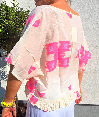 Neon Ikat- Inspired Pure Cotton Ruffle Blouse in Neon Pink and Lilac