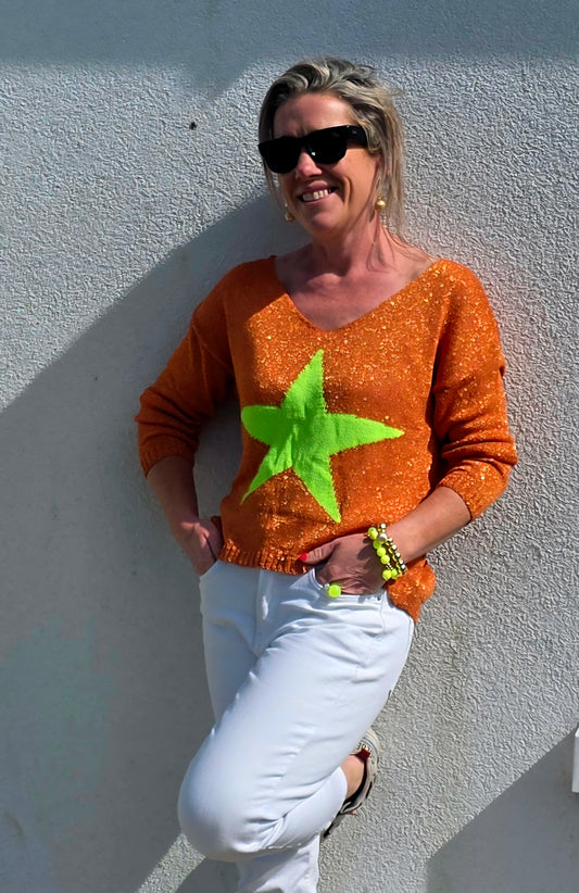 Women’s Metallic Star Intarsia Lightweight V-Neck Sweater in Orange & Neon Yellow