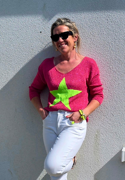 Women’s Metallic Star Intarsia Lightweight V-Neck Sweater in Pink & Neon Yellow