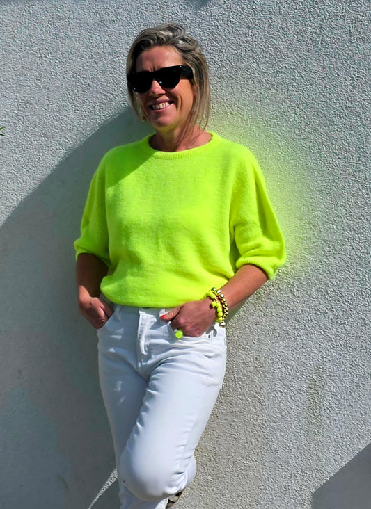 Neon Yellow Superfine Alpaca Blend Short Sleeve Sweater