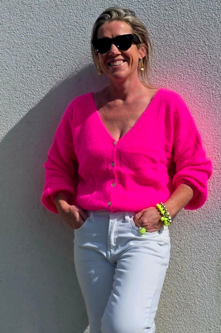Neon Pink Superfine Alpaca & Wool Mix V Neck cardigan