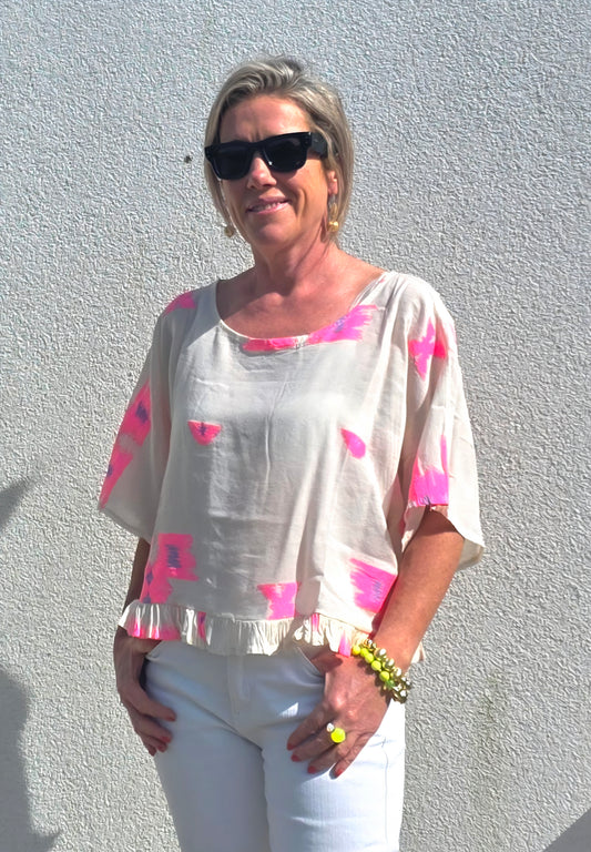 Neon Ikat- Inspired Pure Cotton Ruffle Blouse in Neon Pink and Lilac