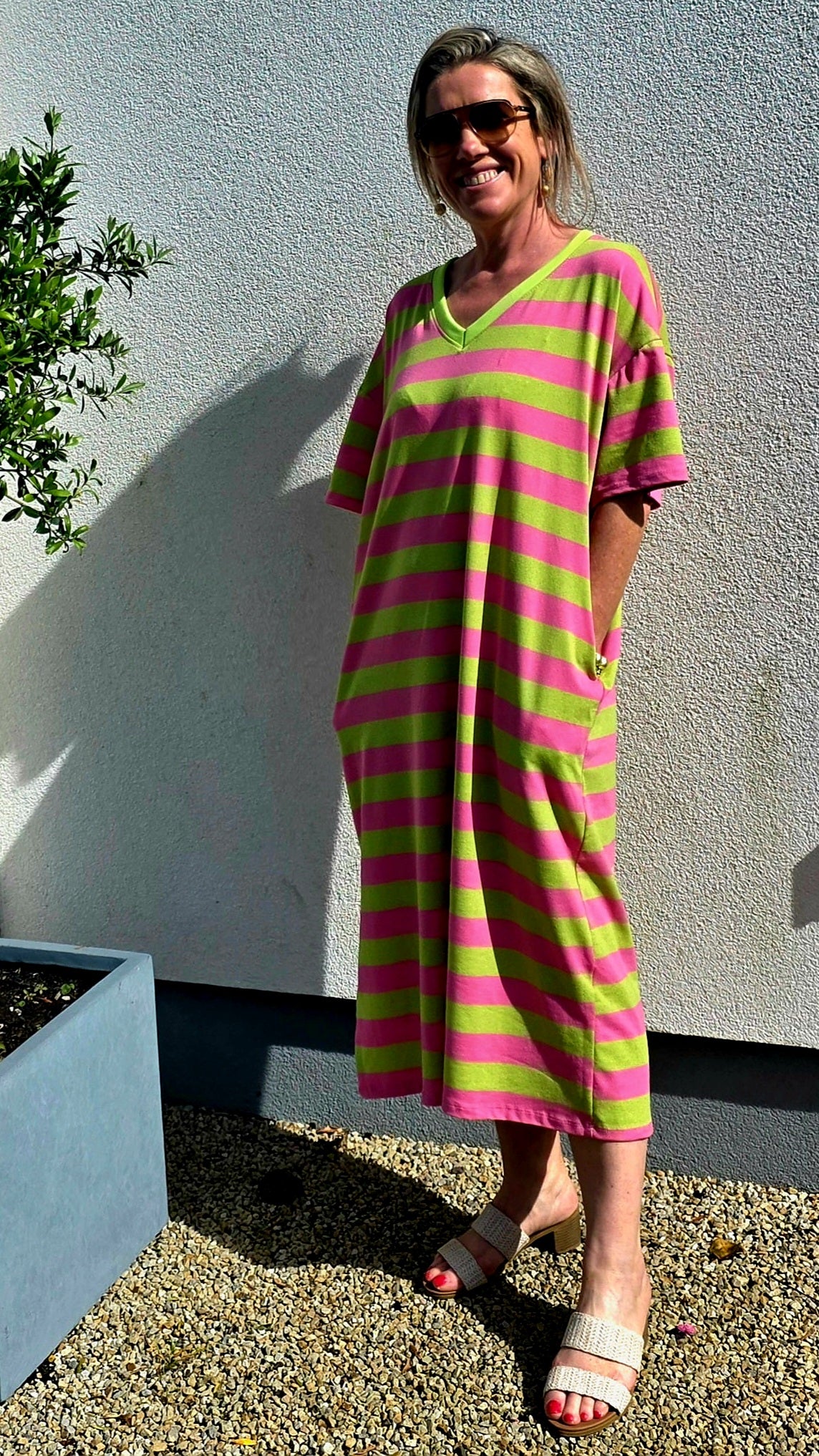 V Neck Cotton T shirt dress in Green and Pink Stripe