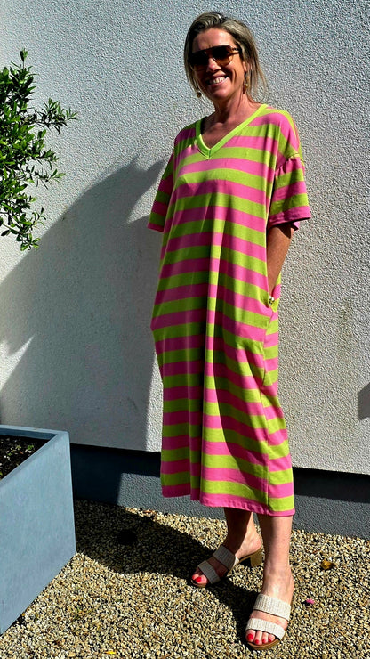 V Neck Cotton T shirt dress in Green and Pink Stripe