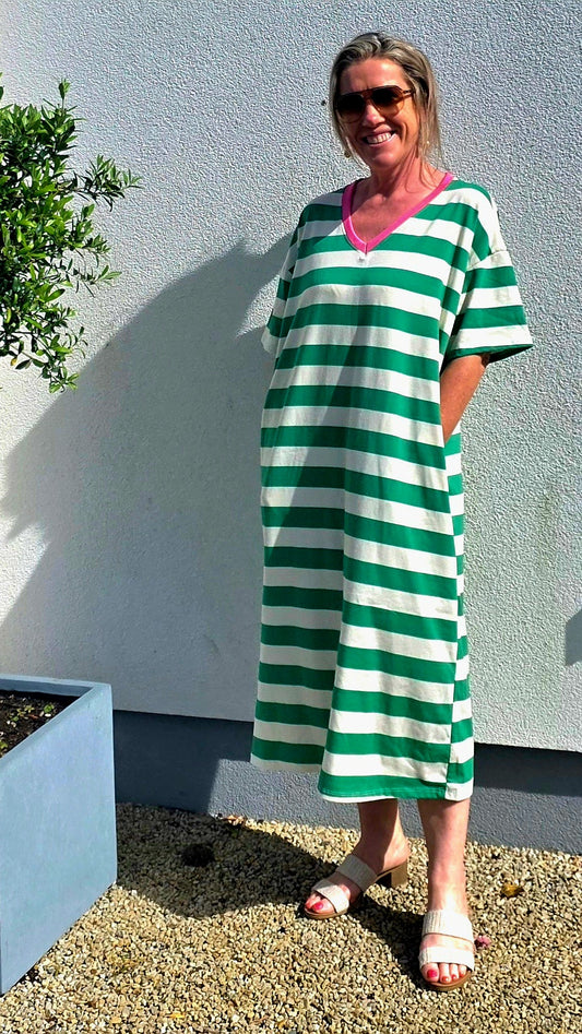 V neck, Cotton Striped T Shirt Dress with pockets.