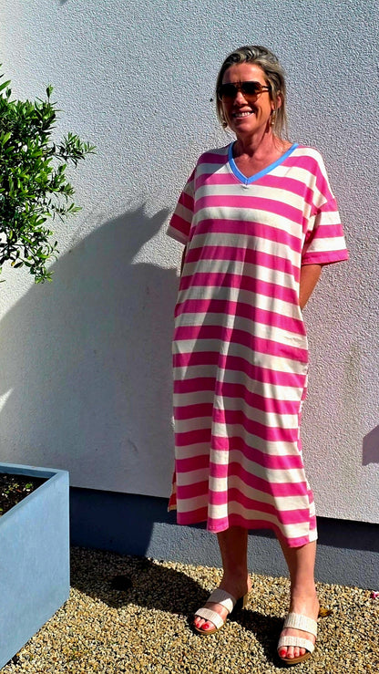 Pink & Ecru Stripe V Neck T Shirt Dress with pockets