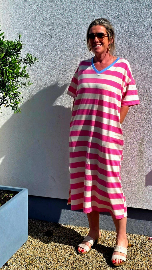 Pink & Ecru Stripe V Neck T Shirt Dress with pockets