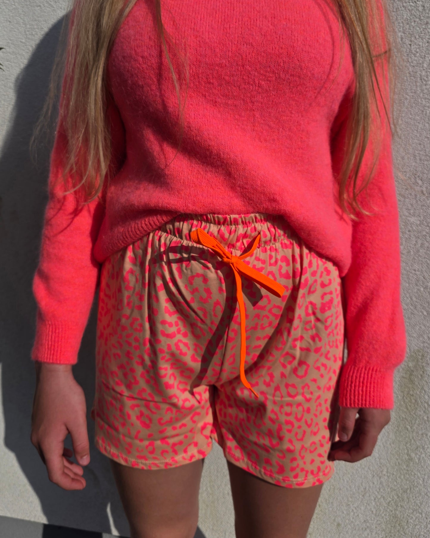 Neon Peach and Pink Leopard Print Cotton Shorts with Contrast Drawstring.