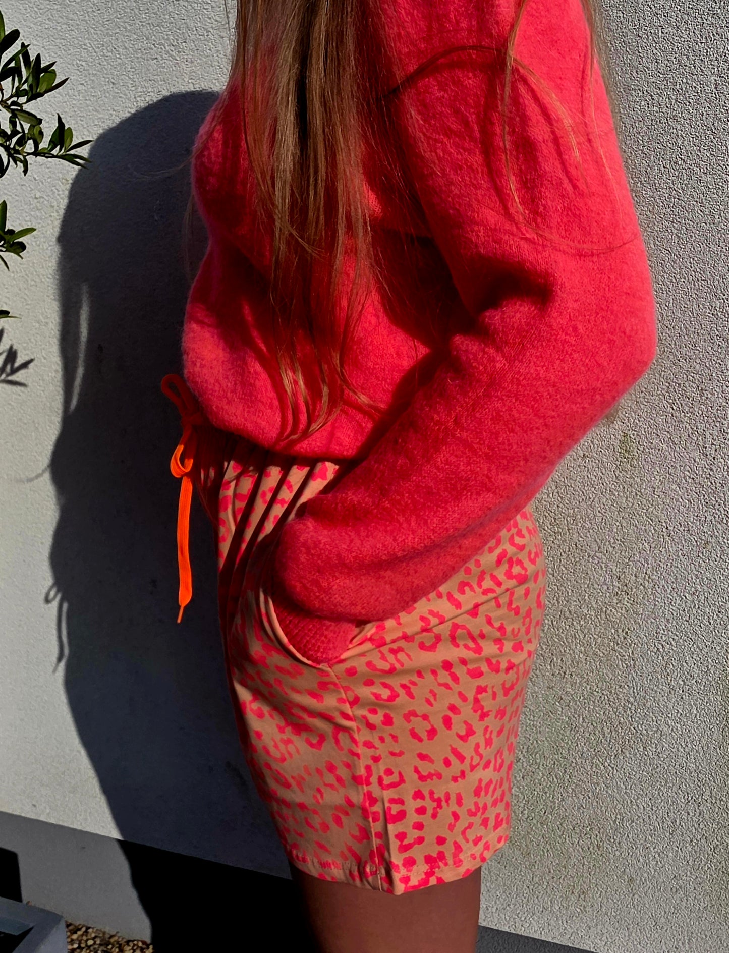 Neon Peach and Pink Leopard Print Cotton Shorts with Contrast Drawstring.