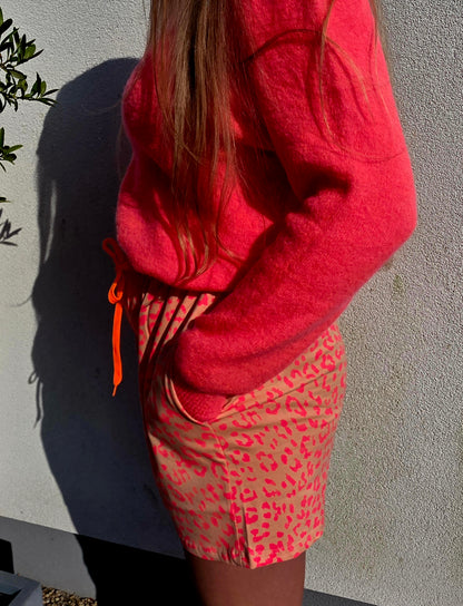Neon Peach and Pink Leopard Print Cotton Shorts with Contrast Drawstring.