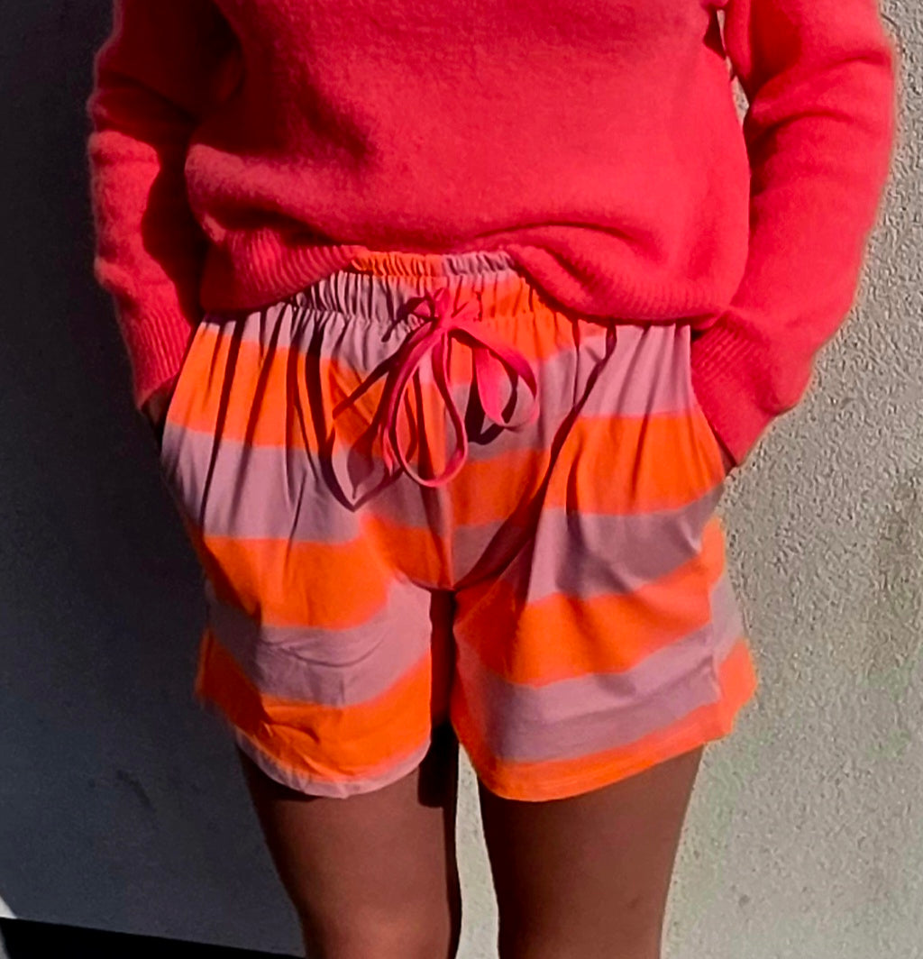 Neon Orange and Mauve Striped Cotton Shorts with Contrast Drawstring
