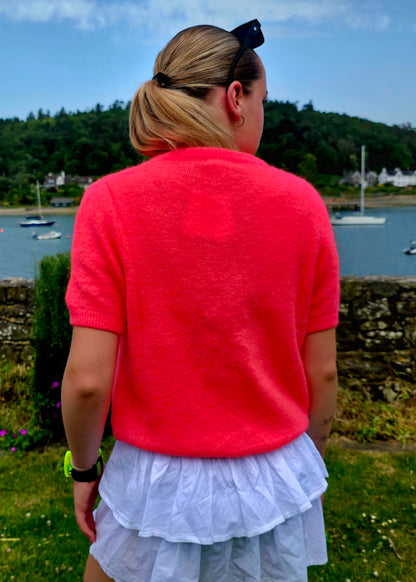 Neon Coral Alpaca Blend Short Sleeve Cardigan