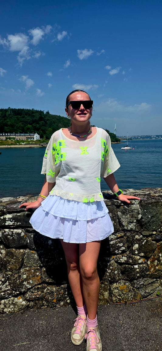 Neon Ikat- Inspired Pure Cotton Ruffle Blouse
