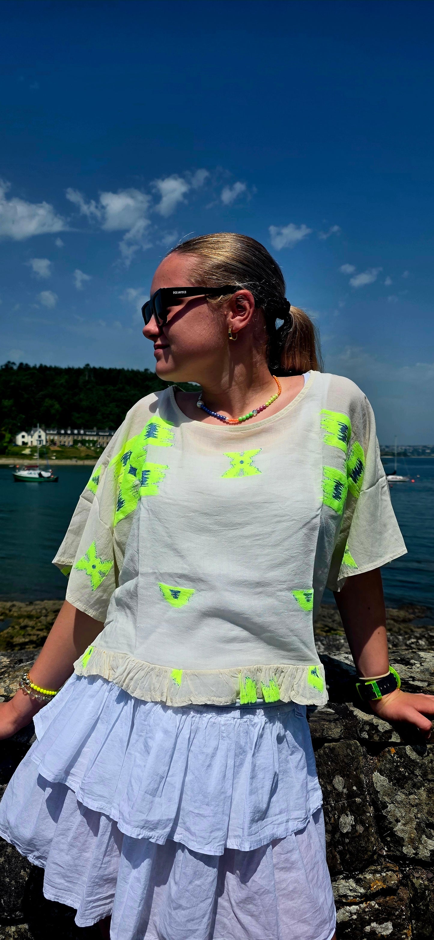Neon Ikat- Inspired Pure Cotton Ruffle Blouse