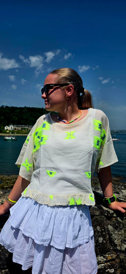 Neon Ikat- Inspired Pure Cotton Ruffle Blouse