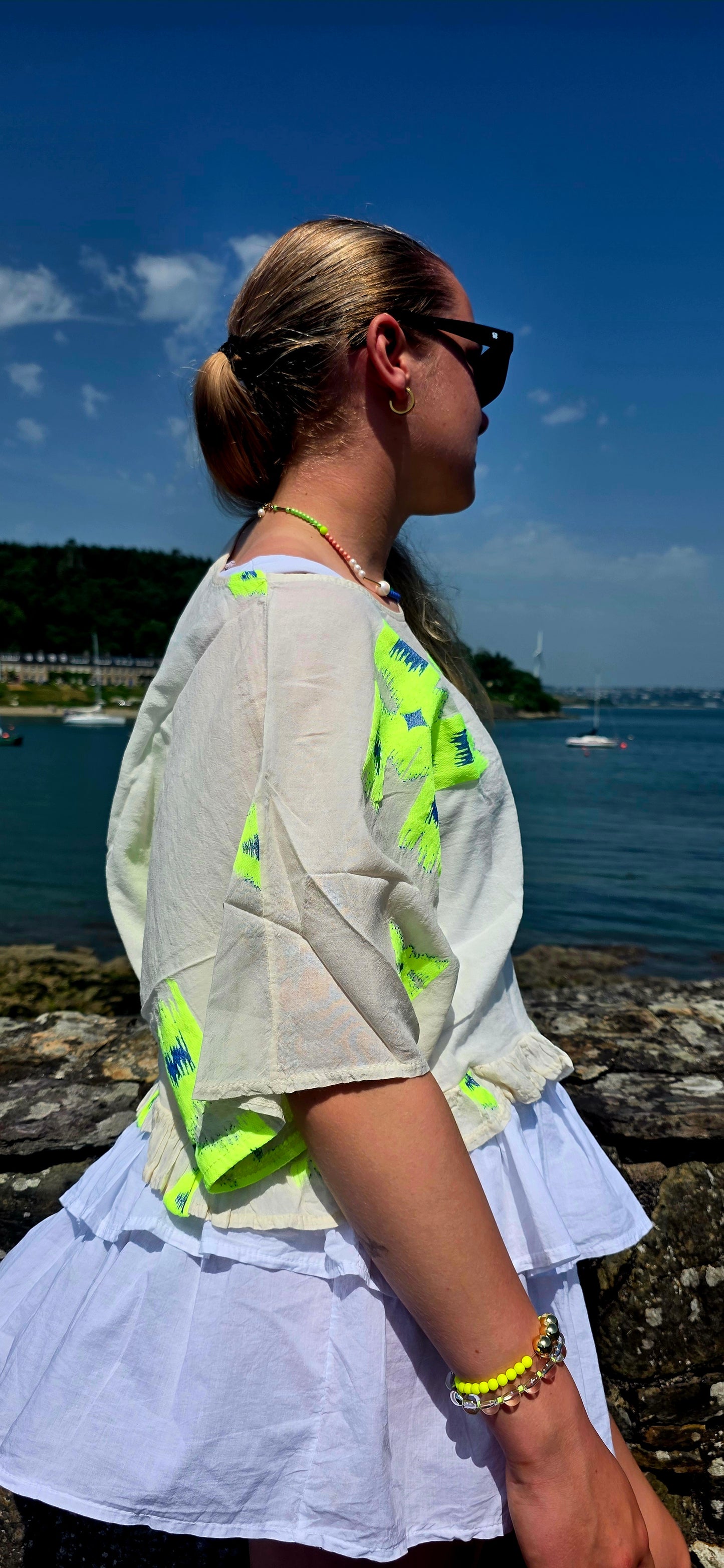 Neon Ikat- Inspired Pure Cotton Ruffle Blouse
