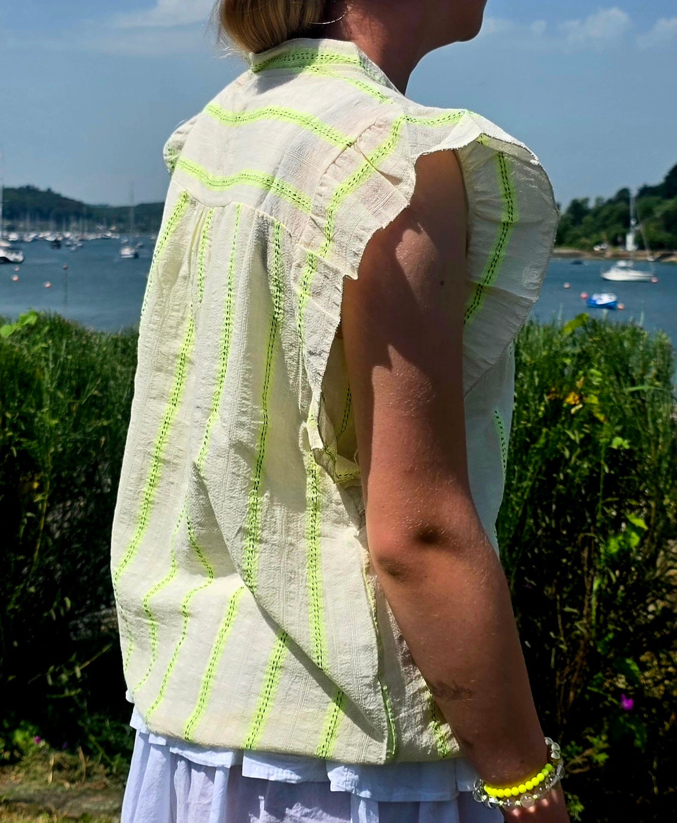Romantic Ruffled Blouse with Tassels in Off White & Neon Yellow Stripe