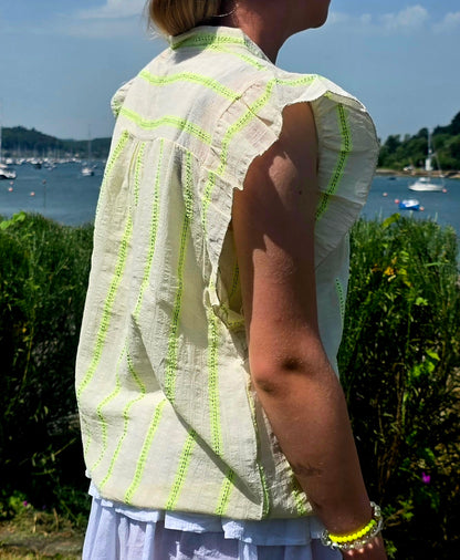Romantic Ruffled Blouse with Tassels in Off White & Neon Yellow Stripe