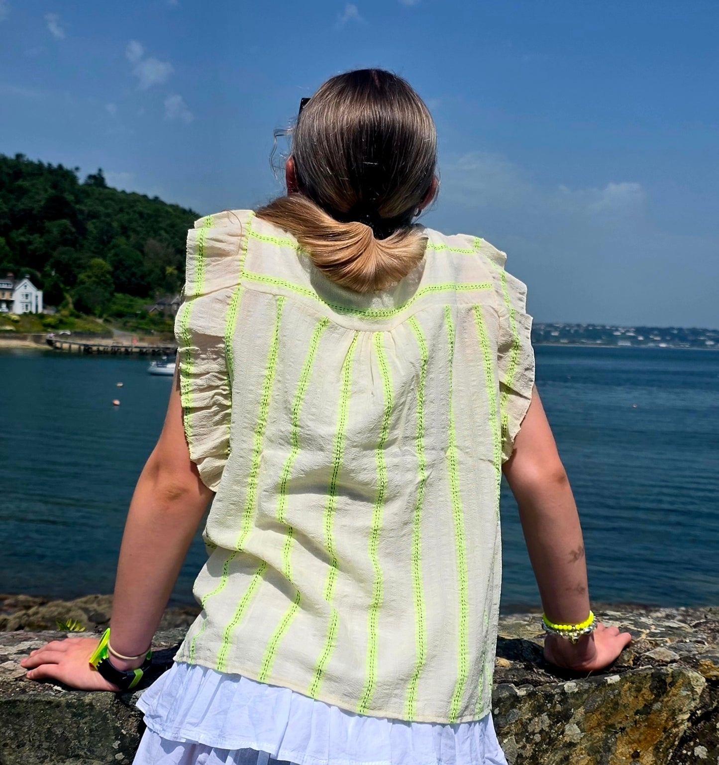 Romantic Ruffled Blouse with Tassels in Off White & Neon Yellow Stripe