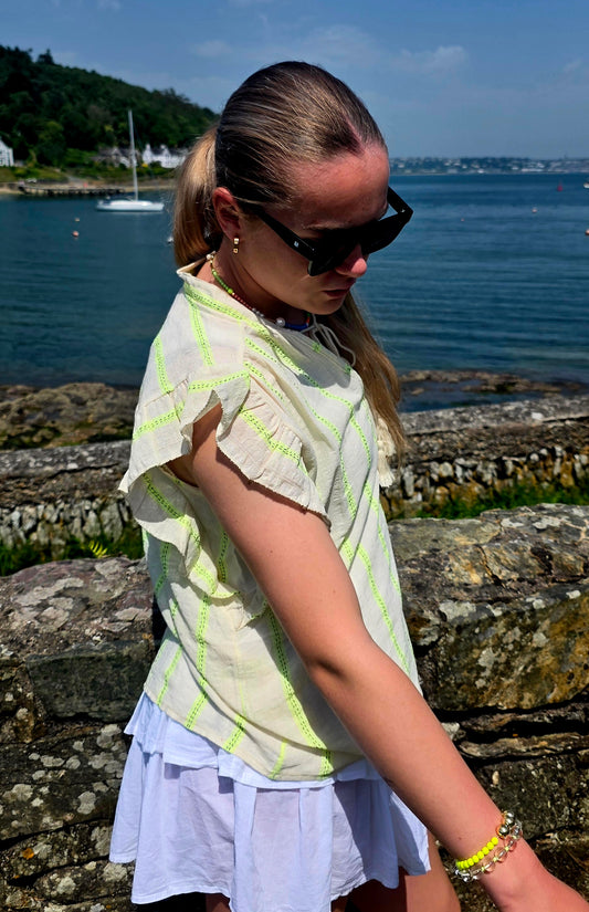 Romantic Ruffled Blouse with Tassels in Off White & Neon Yellow Stripe