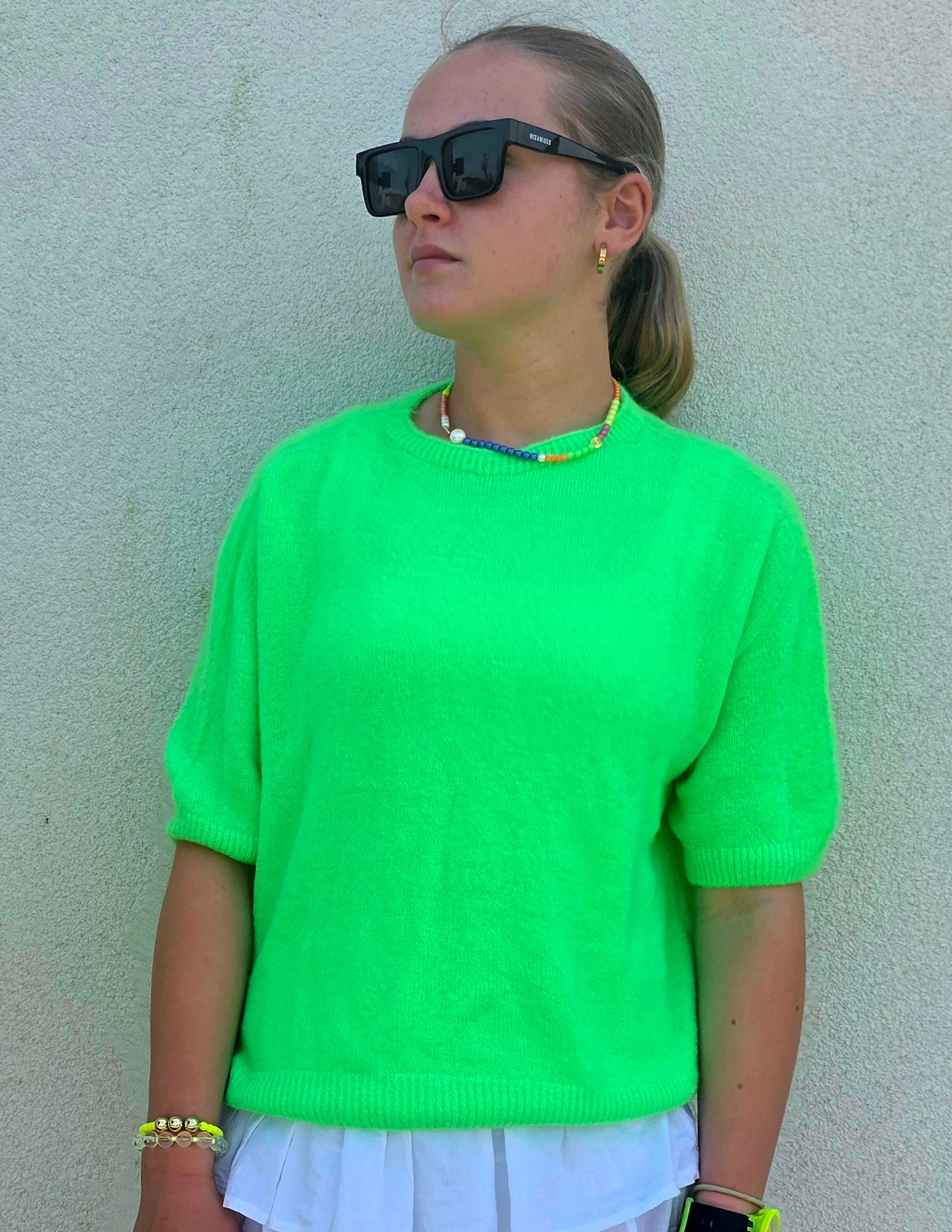 Neon Green Superfine Alpaca Mix Short Sleeve Sweater