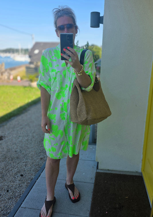 Neon Green Abstract Print Beach Cover-Up/Dress