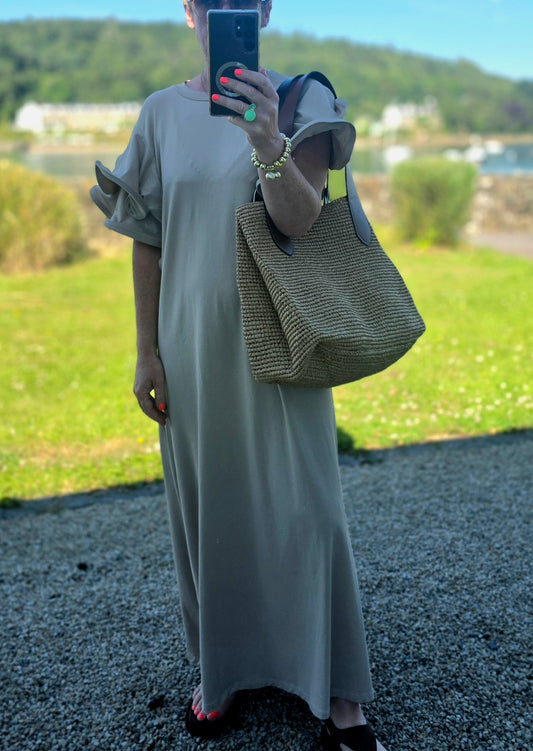 Oatmeal Beige Multi Layer Ruffle Sleeve Column Midi Dress