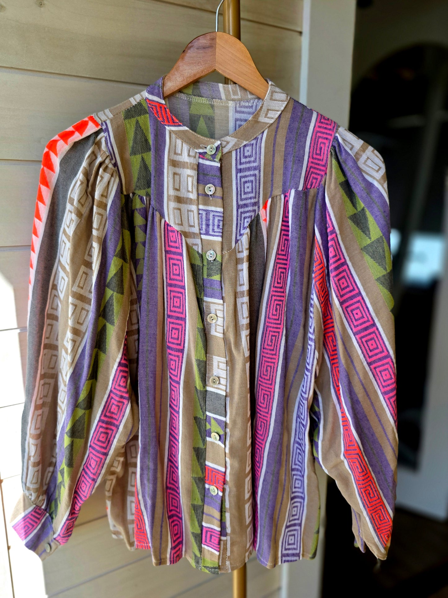 Neon Accent Geometric 100% Cotton Shirt| Flowy Mandarin Collar