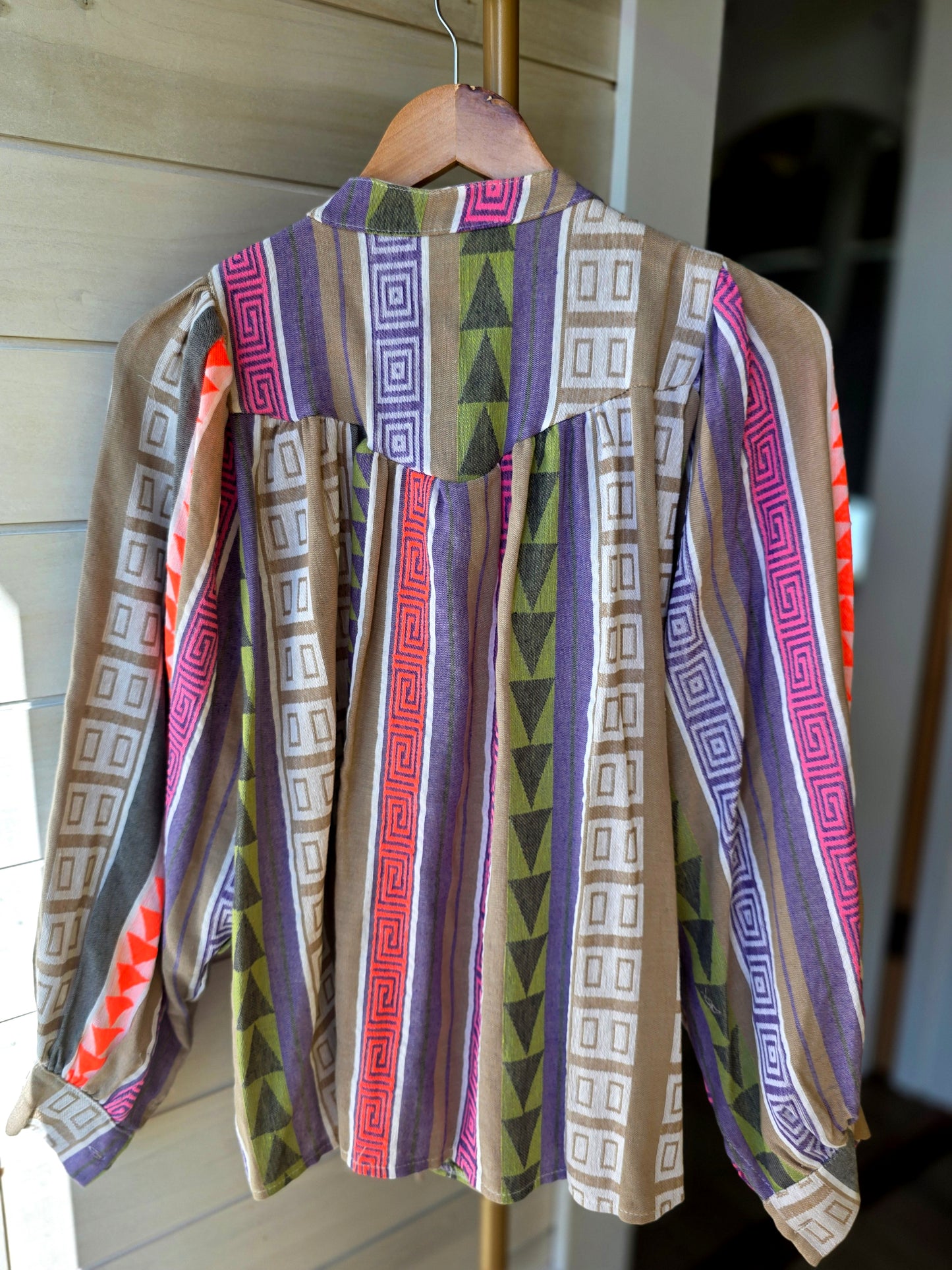 Neon Accent Geometric 100% Cotton Shirt| Flowy Mandarin Collar