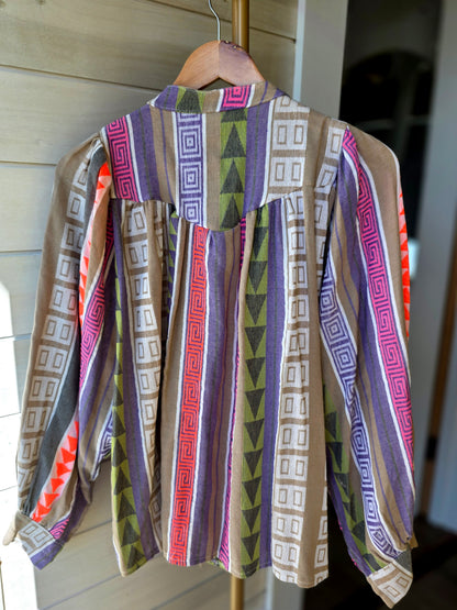 Neon Accent Geometric 100% Cotton Shirt| Flowy Mandarin Collar