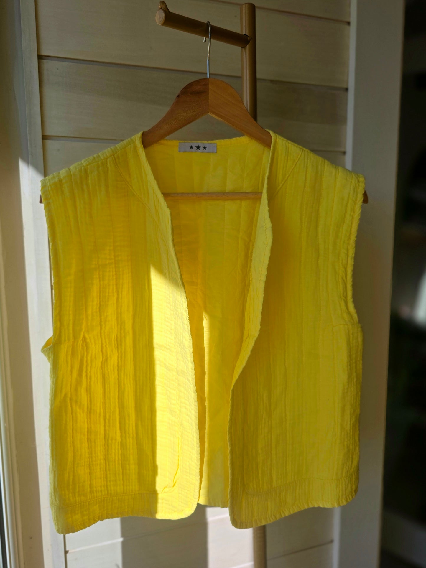 Sunshine Yellow Pure Cotton Gilet| Textured Open-Front Lightweight Vest