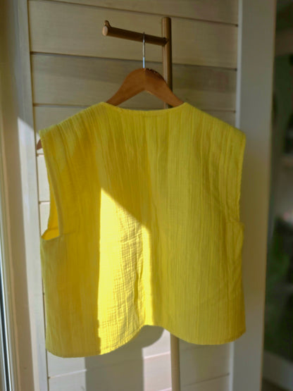 Sunshine Yellow Pure Cotton Gilet| Textured Open-Front Lightweight Vest
