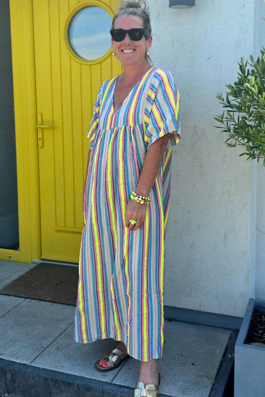 Italian Cotton Neon Yellow Multi Stripe V Neck Dress