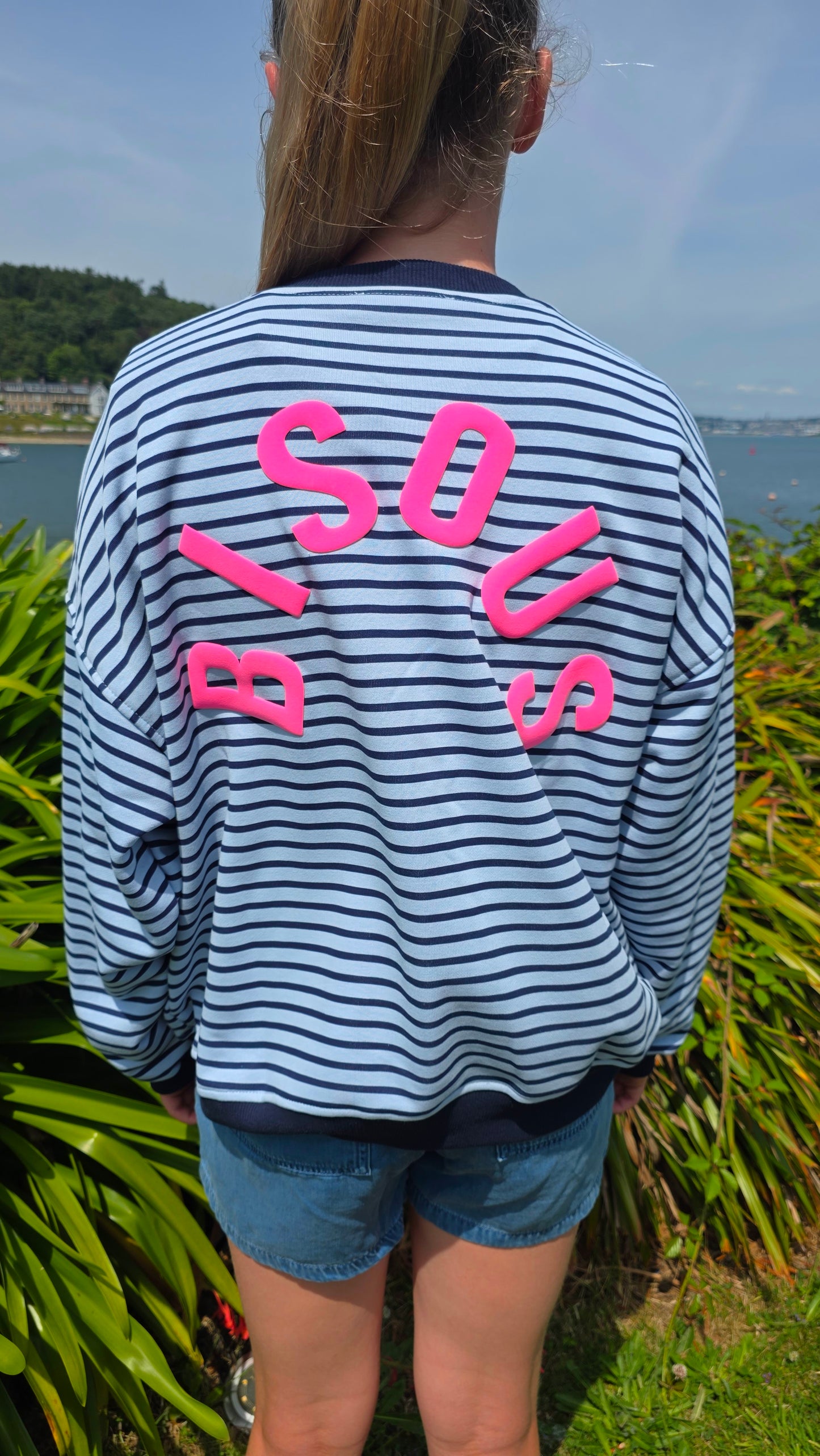 Light Blue & Navy Striped Crewneck with "Bisous" in Neon Pink
