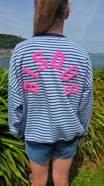 Light Blue & Navy Striped Crewneck with "Bisous" in Neon Pink
