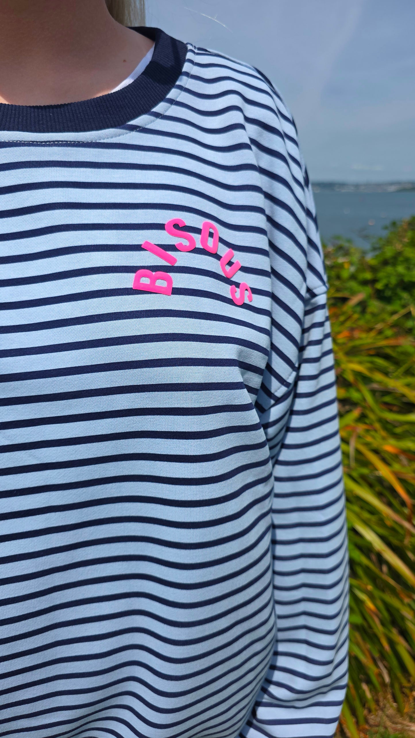 Light Blue & Navy Striped Crewneck with "Bisous" in Neon Pink