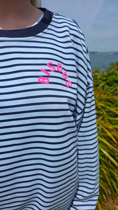 Light Blue & Navy Striped Crewneck with "Bisous" in Neon Pink